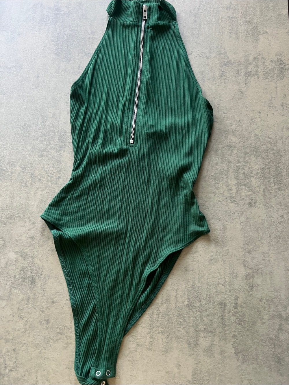 Forever 21 Dark Green Ribbed Zip-Front Halter Bodysuit